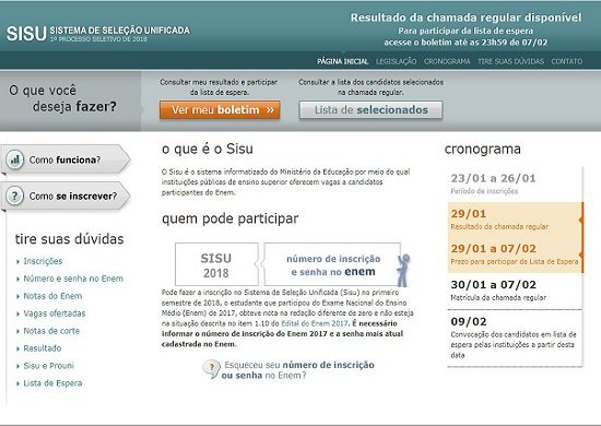 Resultado do Sisu 2018 é divulgado