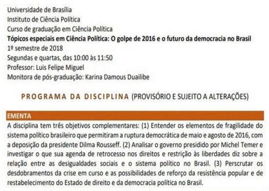 MEC vai acionar MPF contra disciplina da UnB sobre ‘golpe de 2016’