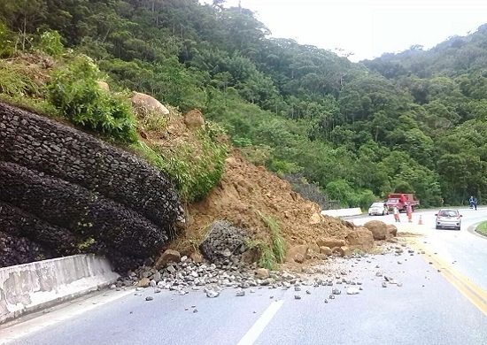 Queda de encosta bloqueia parcialmente a Rodovia Mogi-Bertioga