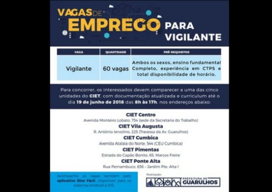 Secretaria do Trabalho divulga 60 vagas para vigilante