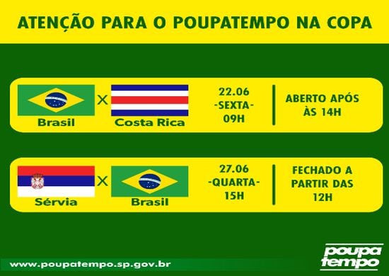 Poupatempo terá expediente parcial nos dias de jogos do Brasil na Copa