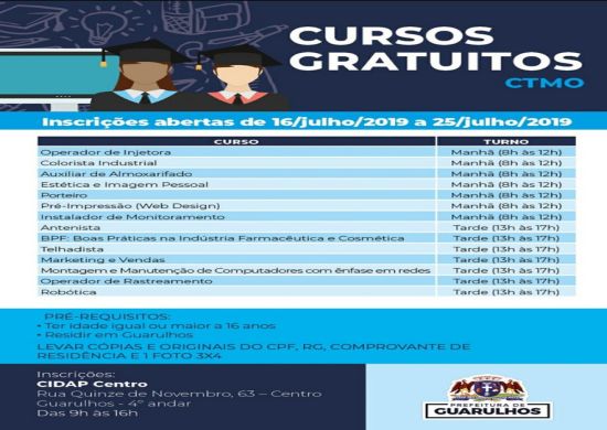 Inscrições para os cursos profissionalizantes do CTMO começam terça-feira