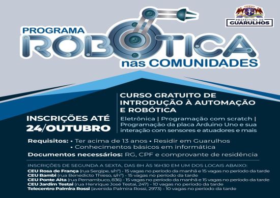 Prefeitura abre 95 vagas para curso de introdução à automação e robótica