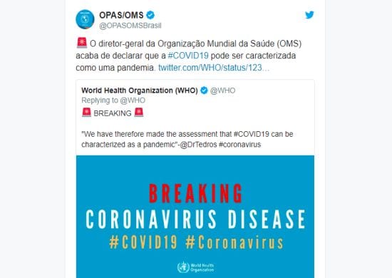 Organização Mundial da Saúde declara pandemia de coronavírus