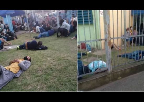 Pacientes aguardam atendimento deitados na grama da UPA São João em Guarulhos