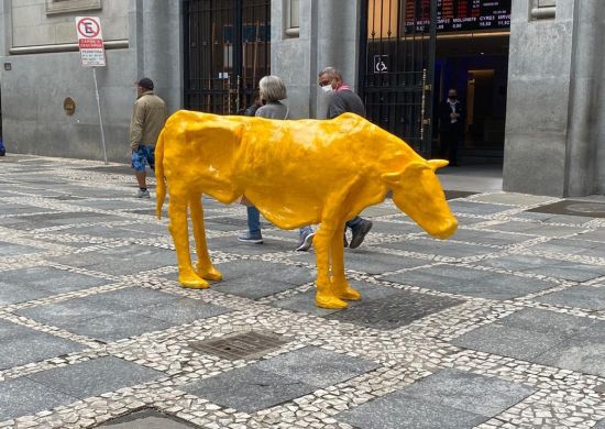 ‘Vaca magra’ é instalada em frente à Bolsa de Valores, no Centro de SP