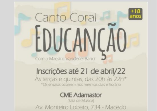 Prefeitura oferece oficinas gratuitas de canto coral no Adamastor