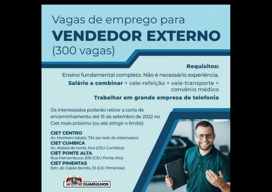 Prefeitura divulga 300 vagas de emprego para vendedor externo