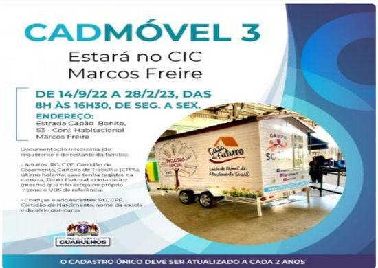CadMóvel atenderá no CIC Marcos Freire a partir da próxima quarta-feira