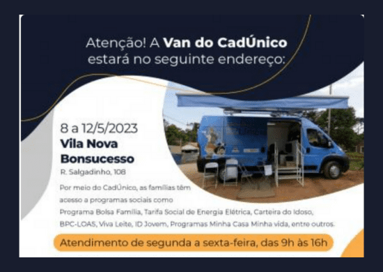Van do CadÚnico atenderá na Vila Nova Bonsucesso até sexta-feira