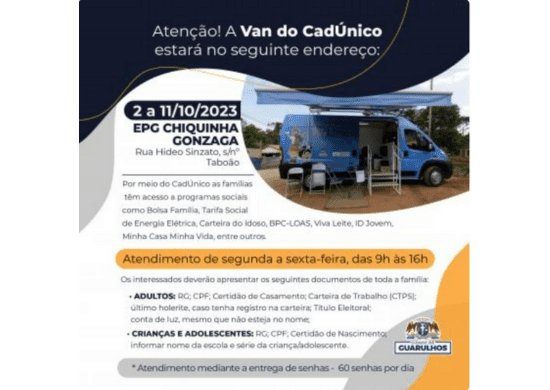 Van do CadÚnico atende no Taboão a partir da próxima segunda-feira