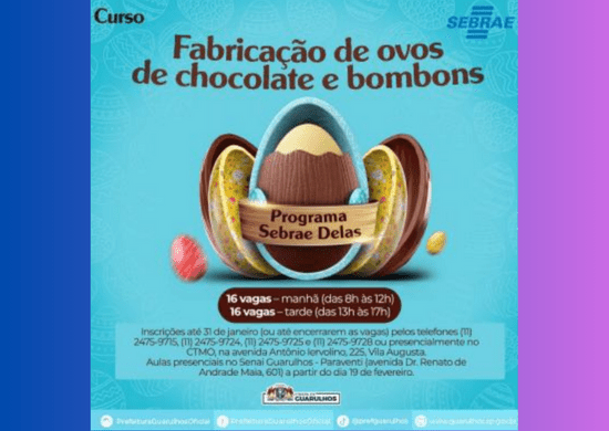 Curso gratuito de fabricação de ovos de chocolate e bombons recebe inscrições até o dia 31