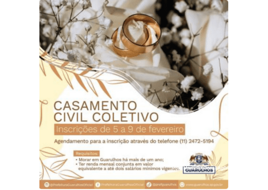 Prefeitura recebe inscrições para casamento coletivo gratuito até sexta-feira
