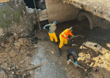 Prefeitura de Guarulhos limpa córrego com escavadeira hidráulica no Vale dos Machados