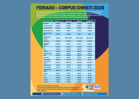 Prefeitura de Guarulhos informa sobre o funcionamento dos serviços municipais no feriado de Corpus Christi