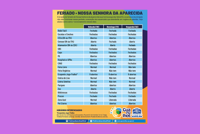 Prefeitura de Guarulhos divulga como funcionarão os serviços municipais no feriado de N. Sra. da Aparecida – O QUE ABRE E O QUE FECHA NO FERIADO